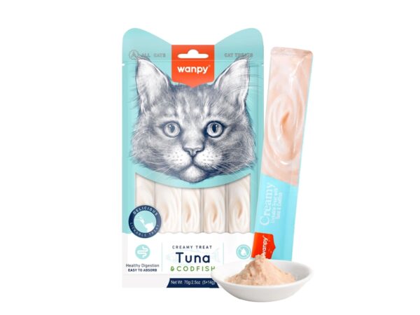 Wanpy Creamy Lickable Cat Treats – Tuna & Codfish - 14gx5