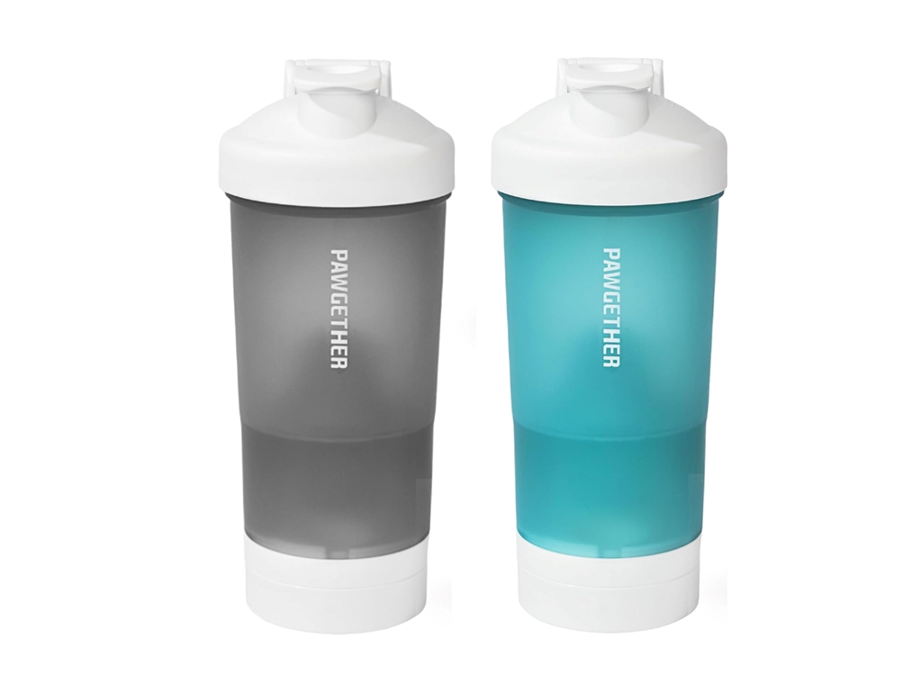 4-in-1 Pet Water Bottle , Food Container, Poop Bag Dispenser & Built in Bowl for Outdoor